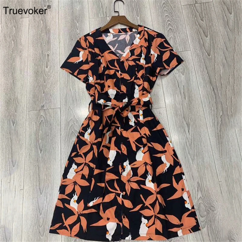 

Truevoker Europe Designer Dresses Women's Noble Short Sleeve Vintage Birds Printed Tied Waist Boutique Cotton Robe Femme Ete