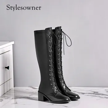 

Stylesowner Rome Style Black Lace-up Punk Motorcyle Boots High Heels Knee-high Cow Leather Hand-made Long Boots Cool Design