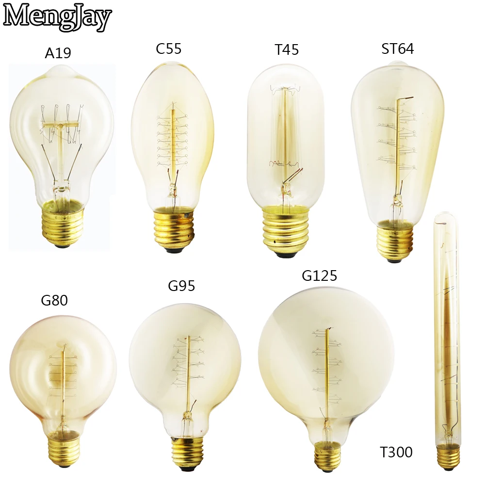 Лампа накаливания MengJay Edison E27 220 В 40 Вт C55 ST64 ST58 A19 T10 T185 T225 T300 G80 G95 G125 лампа Ретро