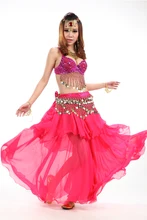 3 Rows Skirt Hand made Belly dance Costume Set With SEXY Shining Bra Indian Style Dance Clothes 3PCS Skirt+Top +Belt