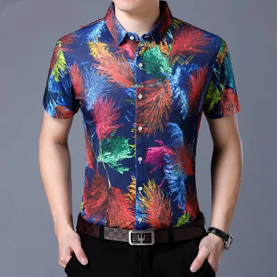 

Short Sleeve Shirt Floral Polyester Flower Printed Mens Shirts Slim Fit Casual Fancy Camisas Social Brand Clothing