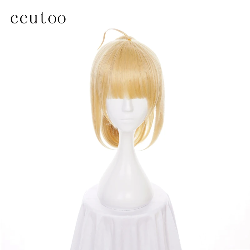 

ccutoo 35cm Fate stay night saber lily Cosplay Full Wig Golden Synthetic Hair Wigs With Ponytail