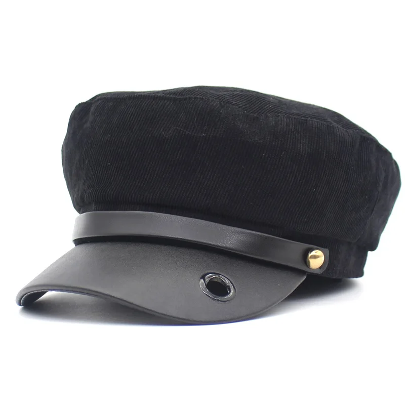 Lanxxy Новая мода патч военная шляпа Для женщин ретро ПУ Брим Casquette вельвет военные шапки с плоским Hat