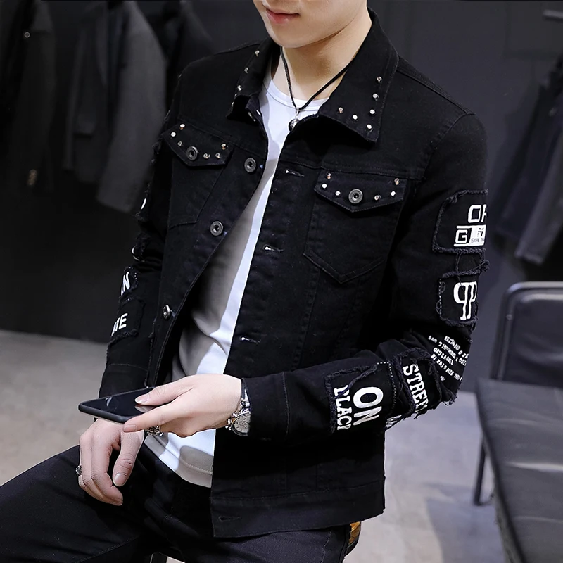 

2019 premium brand Fashion Men autumn slim Leisure pure cotton Denim jacket/Male letter printing broken hole Denim coats S-XXXL