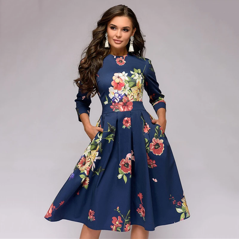 

ZEBERY Women's Elegant Pleated Floral Printing A-line Dress Autumn Vintage 3/4 Sleeve Pockets Casual Party Dress