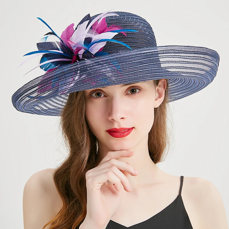 

New Fashion Handmade Women Sun Hat Crin Braid with Feather Flower Derby Hat Wide Brim Sunhats Sea Beach Party Church Summer Cap