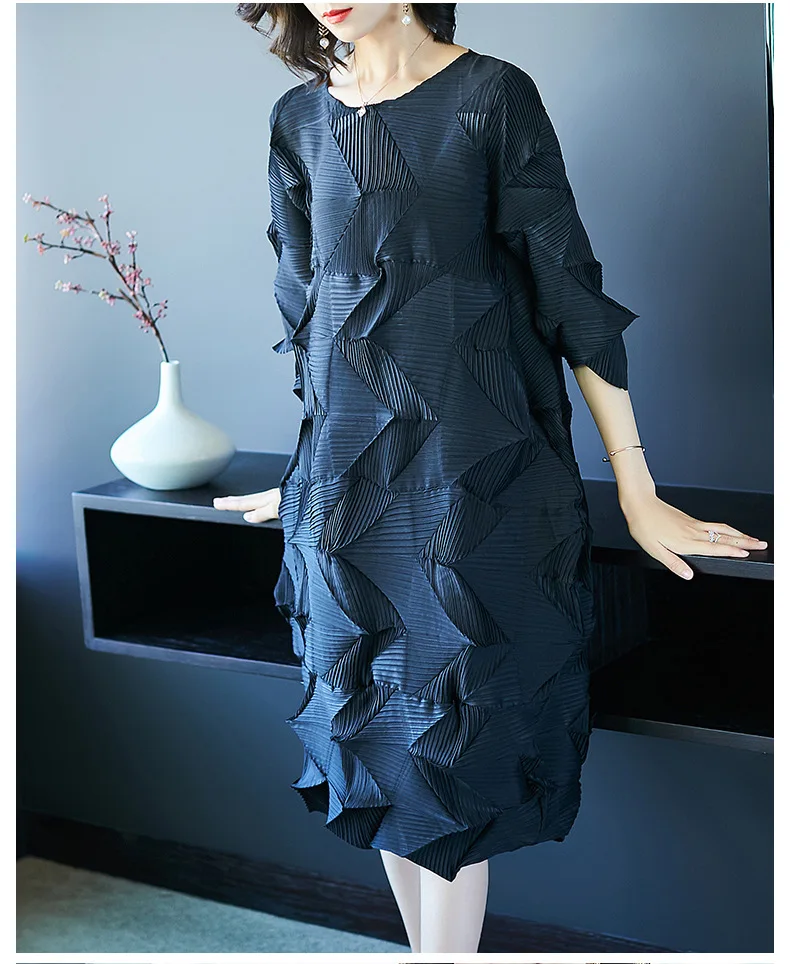 Новое модное платье в европейском и американском стиле, свободное тонкое плиссированное платье-фонарик, платья MIYAKE - Цвет: Черный