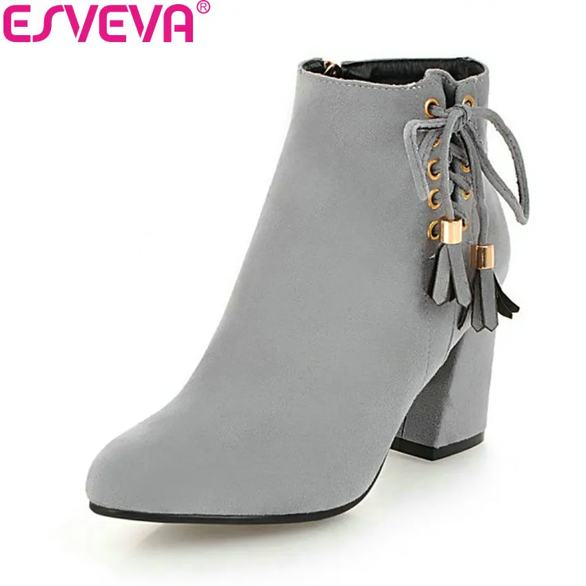 

ESVEVA 2019 Women Shoes Zipper Ankle Boots Hoof Heels Pointed Toe Cross-tied Winter Boots High Heels Woman Shoes Size 34-43
