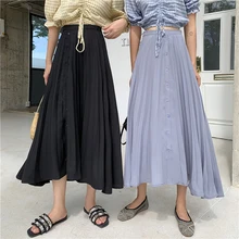 Шикарные женские плиссированные юбки больших размеров длинные макси юбки летние с высокой талией корейские винтажные макси юбки на пуговицах юбки подруги А-силуэта