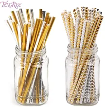 FENGRISE 25pcs Foil Gold Silver font b Paper b font font b Straws b font Wedding