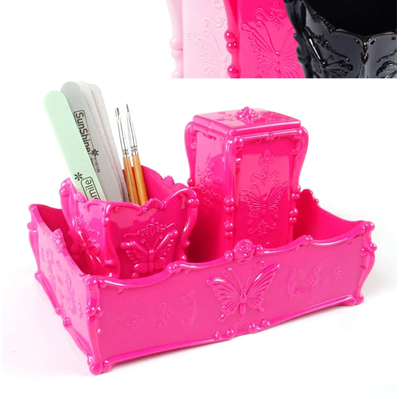 

Nail Art Makeup Cotton Pads Wraps Acrylic Clear Butterfly Holder Plastic Pencil Brush Storage Container Set Black/Pink/Rose Red