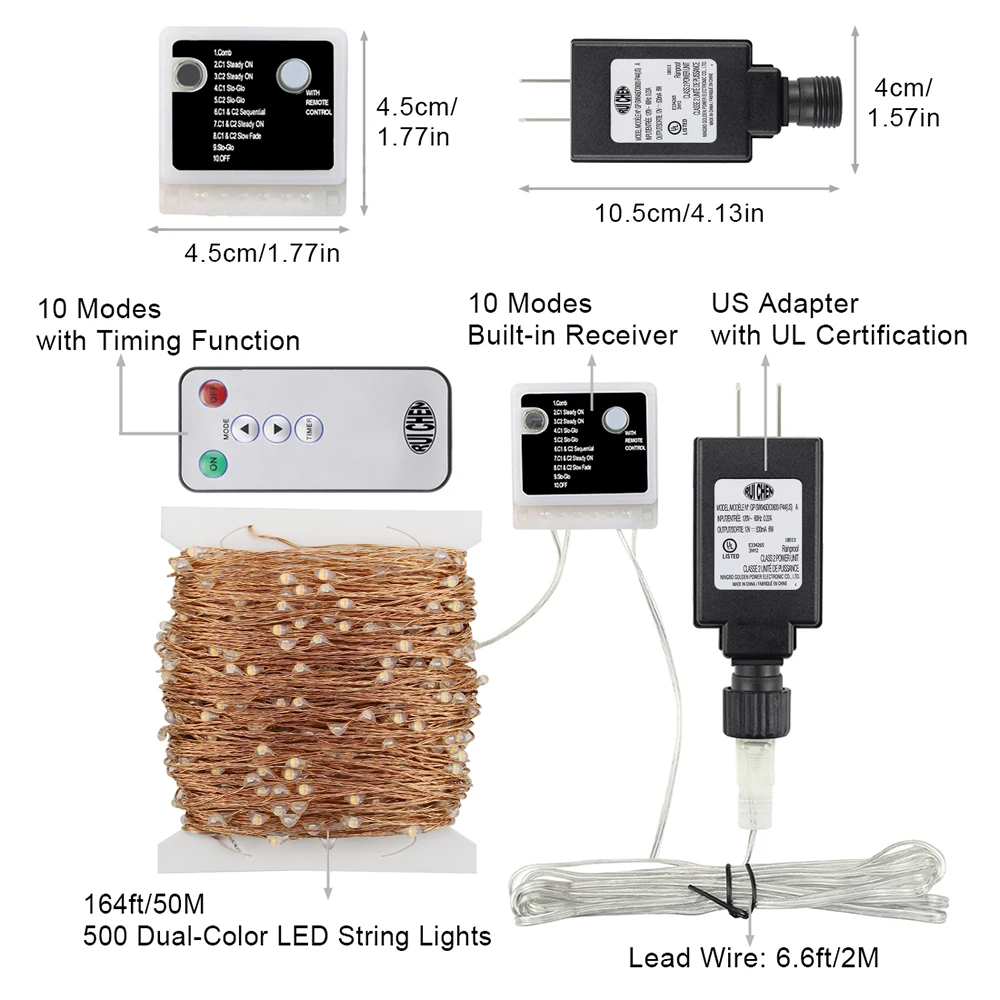 Двухцветные гирлянды 50 м/164 футов 500 светодиодов медный провод для рождества/свадьбы и вечерние гирлянды с 10 функцией дистанционного управления+ UL(US) адаптер