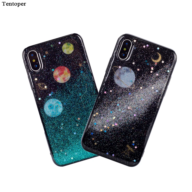 

For iphone 6 6s Plus Case Glitter Bling Case For iphone X 8 7 Plus Case Moon Space Star Planet Cover Shining Powder Phone Coque
