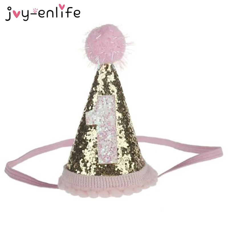 Cute Shiny 1/2/3 Boys Girls Birthday Hats With Hairball Caps Baby Shower Birthday Party Cake Caps Party Photo Props