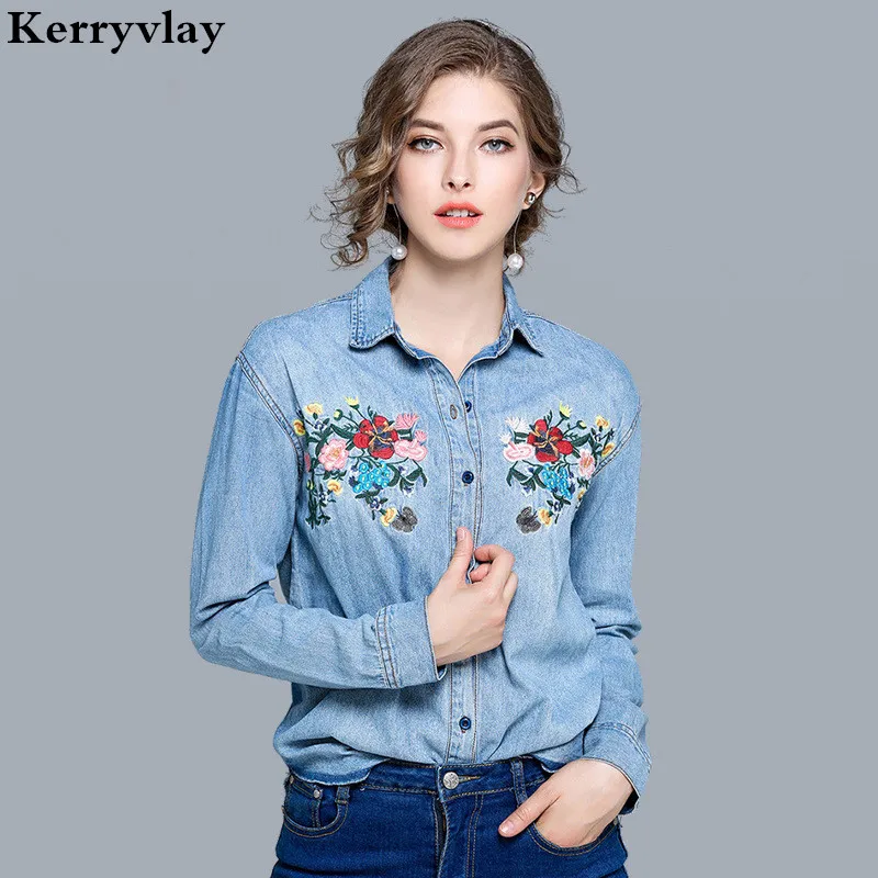 

Spring Flower Embroidery Jeans Shirt Blusas Mujer De Moda 2019 Long-sleeved Denim Shirt Women Tops Camisas Feminina K7113