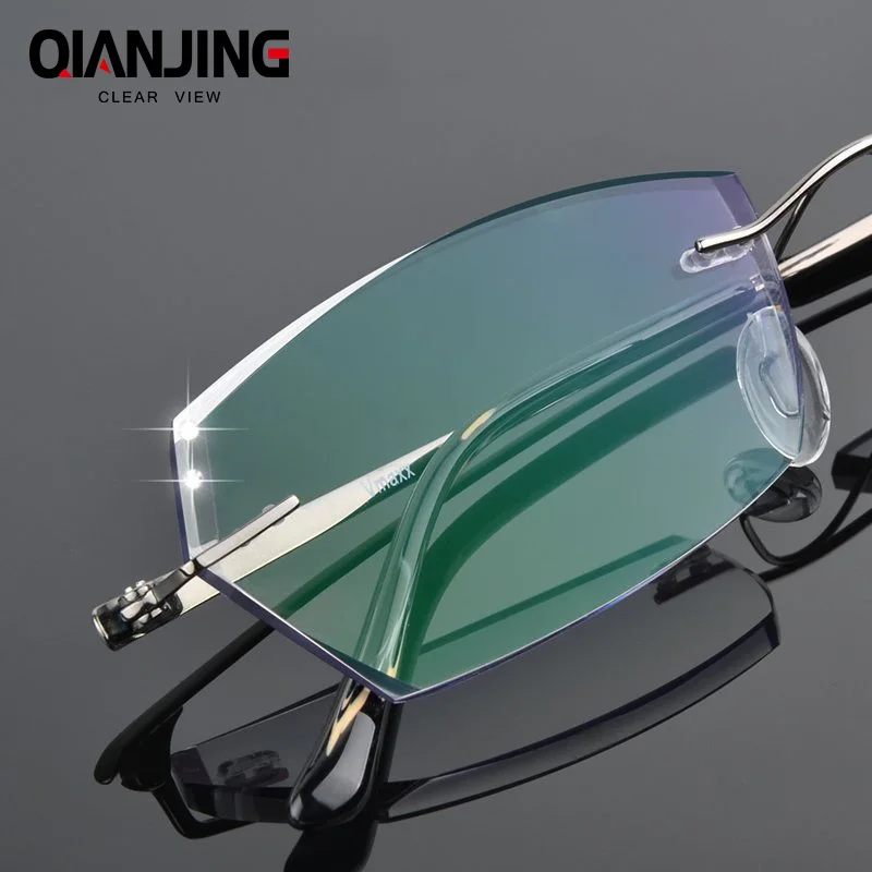

QIANJING New Men Fashion Glasses Titanium Rimless Eyeglasses Frame Diamond Decorations Optical Frame with Prescription Glasses