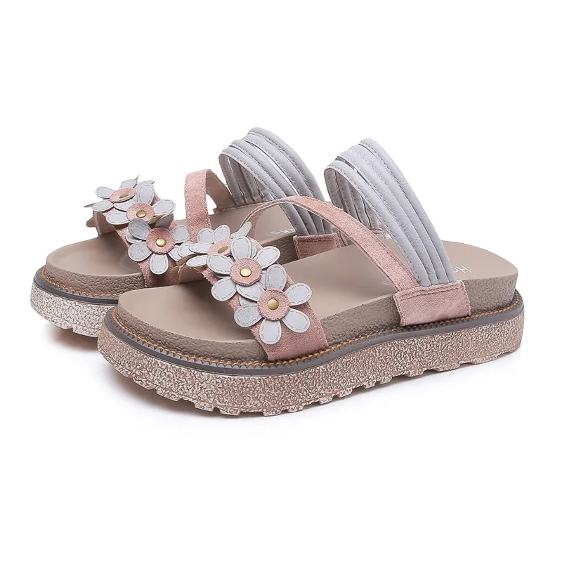 Лето, богемный стиль женские пляжные сандалии Нескользящая женская обувь для отдыха женские тапочки на низком каблуке цветок слипоны размер: 34-43 - Цвет: Khaki