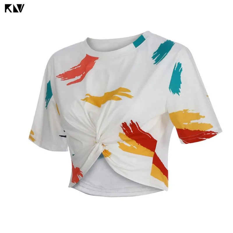 KLV женская футболка с коротким рукавом и круглым вырезом сексуальный укороченный