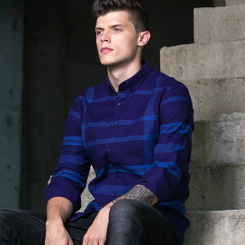 Для Мужчин's Стандартный-Fit Long-Sleeve Shirt Рубашка с отложным воротником в клетку