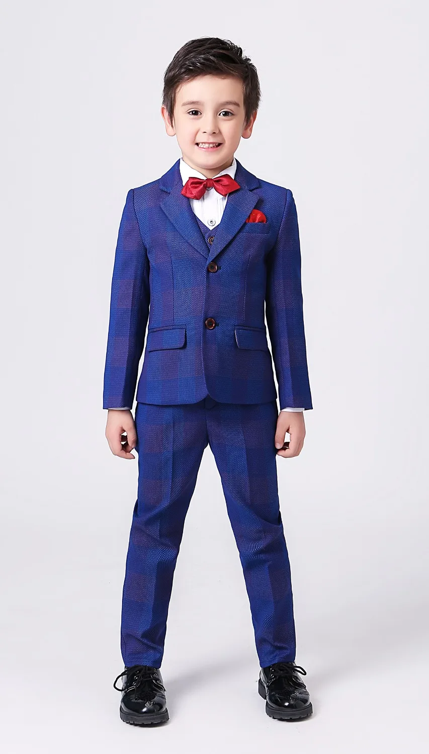 5 шт. для мальчиков синий плед костюмы Slim Fit подносителя колец костюм деловой