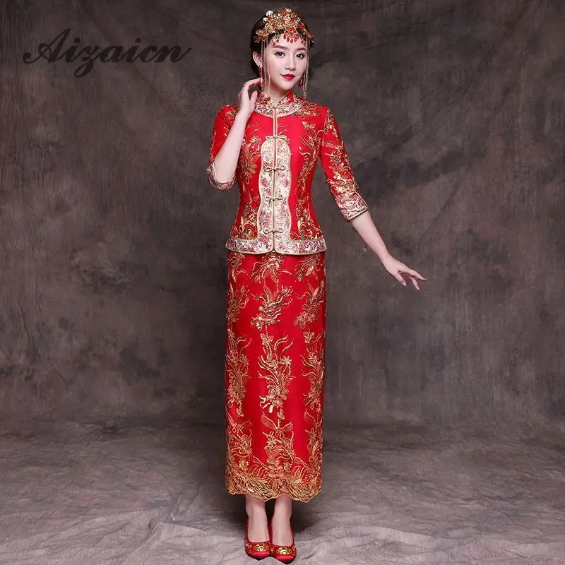 De boda de verano de 2019 Cheongsam vestidos de novia Китай estilo tradicional bordado largo Qipao las mujeres vestido Винтаж