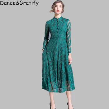 

Women Vintage Leaf Lace Long Midi-calf Dress New Brand 2019 Summer Fashion Big Swing A-line Luxury Ladies Elegant Party Dresses