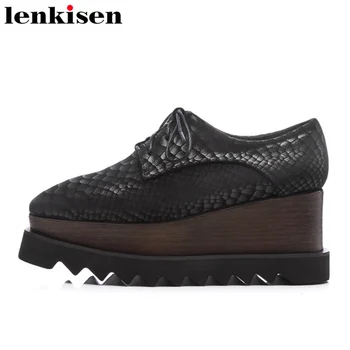 

Lenkisen 2018 fashion round toe lace up cow suede platform causal shoes wedges runway high heels elegant black women pumps L1f1