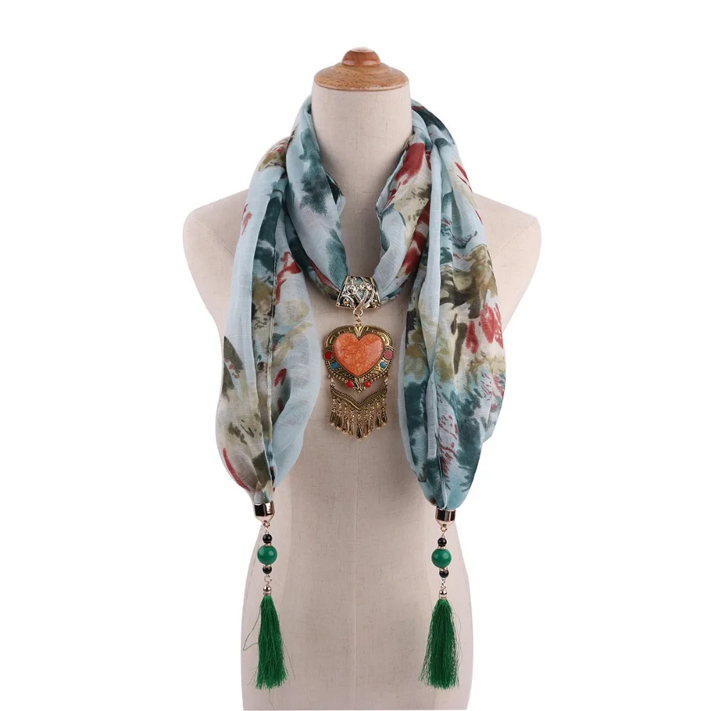 

New Ethnic Heart Stone Pendant Scarf Necklaces Tassel Neckerchief Statement Necklace Wraps Women Bohemia Necklaces Jewelry