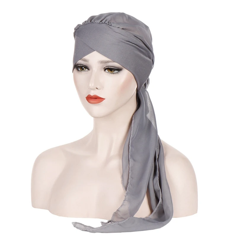 Мусульманские Женские однотонные хиджабы шапки тюрбан головной платок химиотерапия Рак шапка выпадение волос шляпа длинный хвост лук капот широкий диапазон обертывание кепки