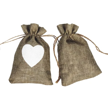 

50PCS 10X14CM Print Linen Jute Sack Pouch Drawstring Gift Bags Candy Bags For Wedding Favor With White Heart Pattern H2199