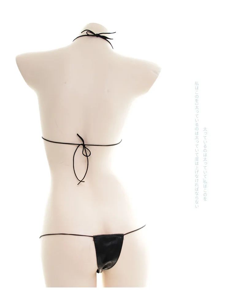 Три точки микро бикини Экстрим из искусственной кожи мини стринги набор нижнего белья японский сексуальный костюм дамы Экзотическая одежда каваи белье