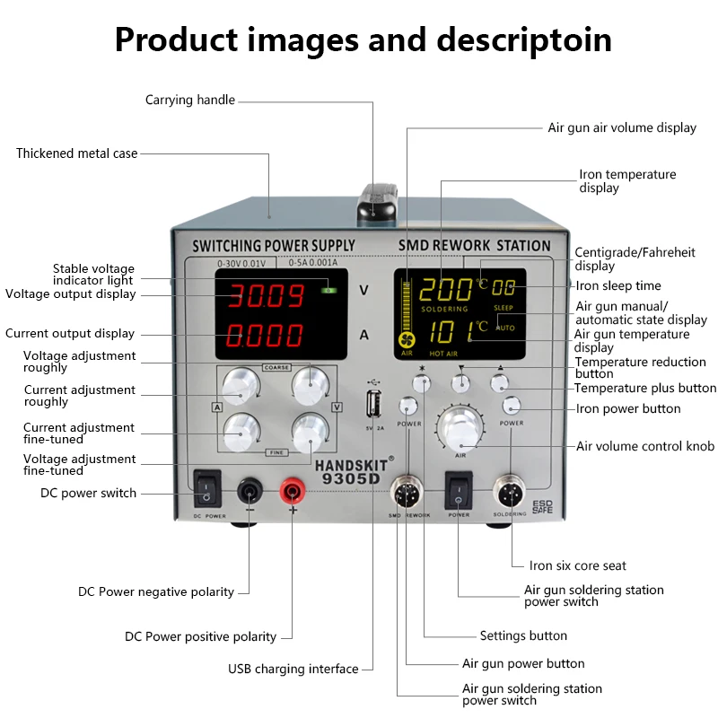 Handskit 110 V/220 V источник питания DC 5V 2A 4 в 1 30V 5A SMD фена паяльная станция+ набор паяльников