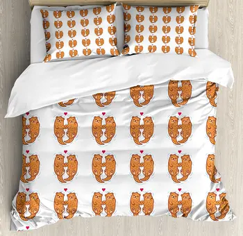 

Otter Duvet Cover Set Adorable Couple Holding Hands in Sea Love Theme Valentines Day Inspired, Decorative 4 Piece Bedding Set