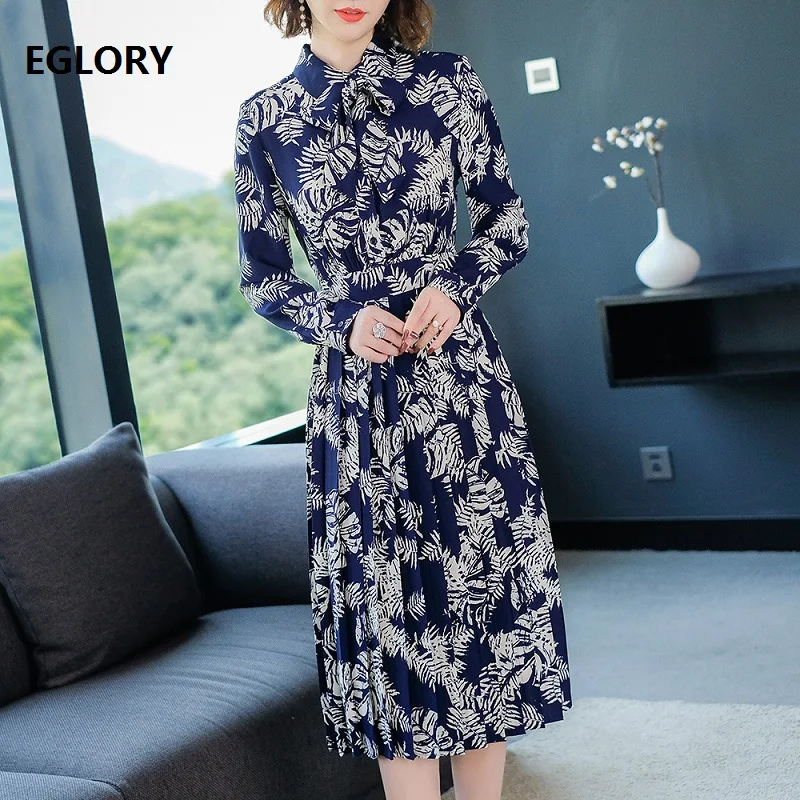 Mode down 2018 Turn Chemise Femmes Imprimer Robe Col Qualité Manches Plissée Longue Vintage Automne Européenne Printemps Longues Haute vExqwfEFAr