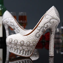 Pretty Wedding Shoes Imitation Pearl White Bridal Dress Shoes 4 Inch Heel Gorgeous Shoes Rhinestone Party Prom Dress Shoes