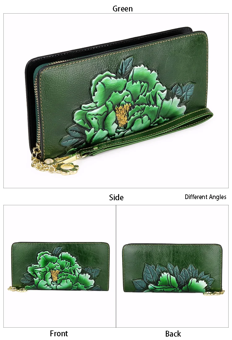Женский зеленый кошелек, Дамский кошелек, длинные кошельки для монет, тиснение в виде цветка, Дамский кошелек, клатч из натуральной кожи, Женский чехол для телефона