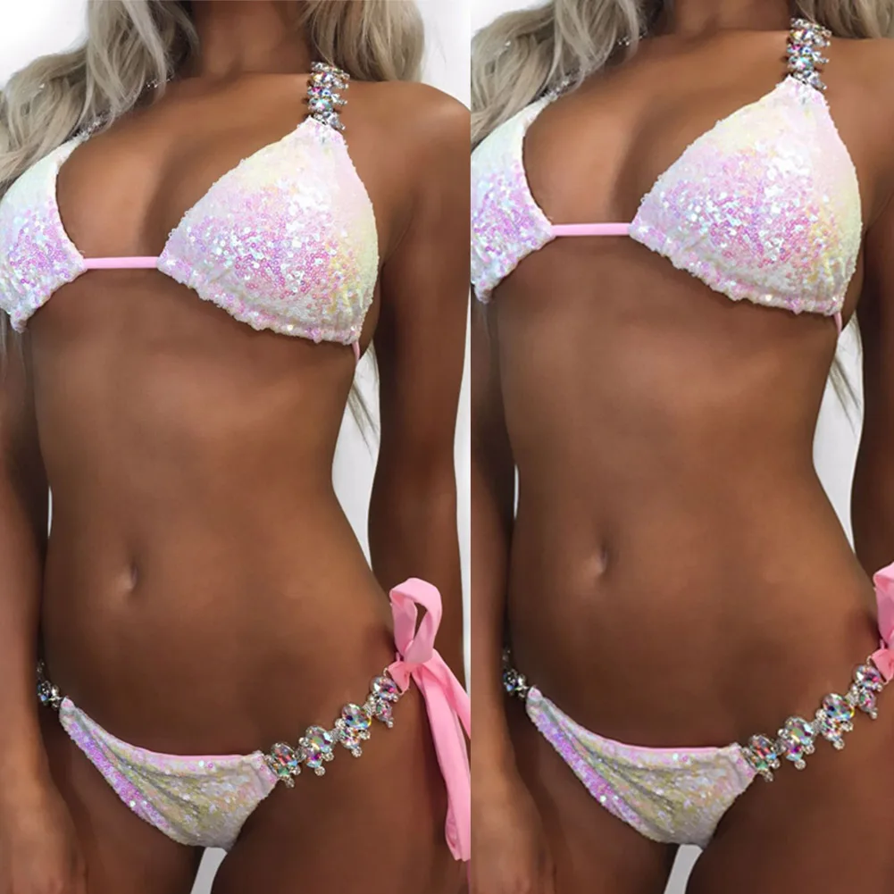Сексуальный женский комплект бикини с блестками и бриллиантами, стразы, Холтер, пуш-ап, мягкий бразильский купальник, розовая пляжная одежда для купания