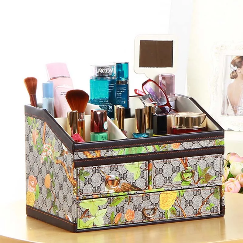

Drawer Type Cosmetics Desktop Storage Box Open Type High-capacity Wood Sundries Container Dresser Makeup Organizer