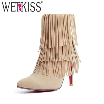 

WETKISS Winter High Heels Woman Ankle Boots Short Plush Tassel Zip Footwear Autumn Fashion Boots Pointed Toe Sexy Female Shoes