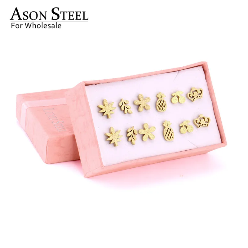 

ASONSTEEL Gold Crown/Flower/leave Scrub 6Pairs/Box Earring Sets Stainless Steel Small Stud Earrings Ladies Jewelry Cllier Gift