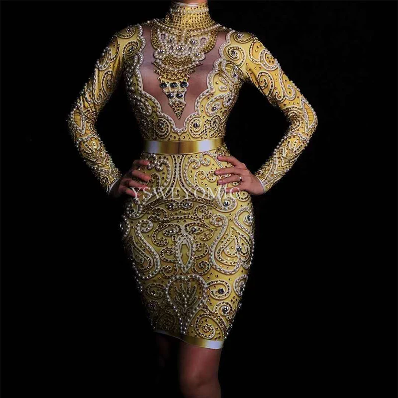 

YSWEYOMIC Women Sexy Rhinestone Pearl Long Sleeves Gold Silver Dress Singer Costumes Birthday Celebrate Evening Wear Dress YS121