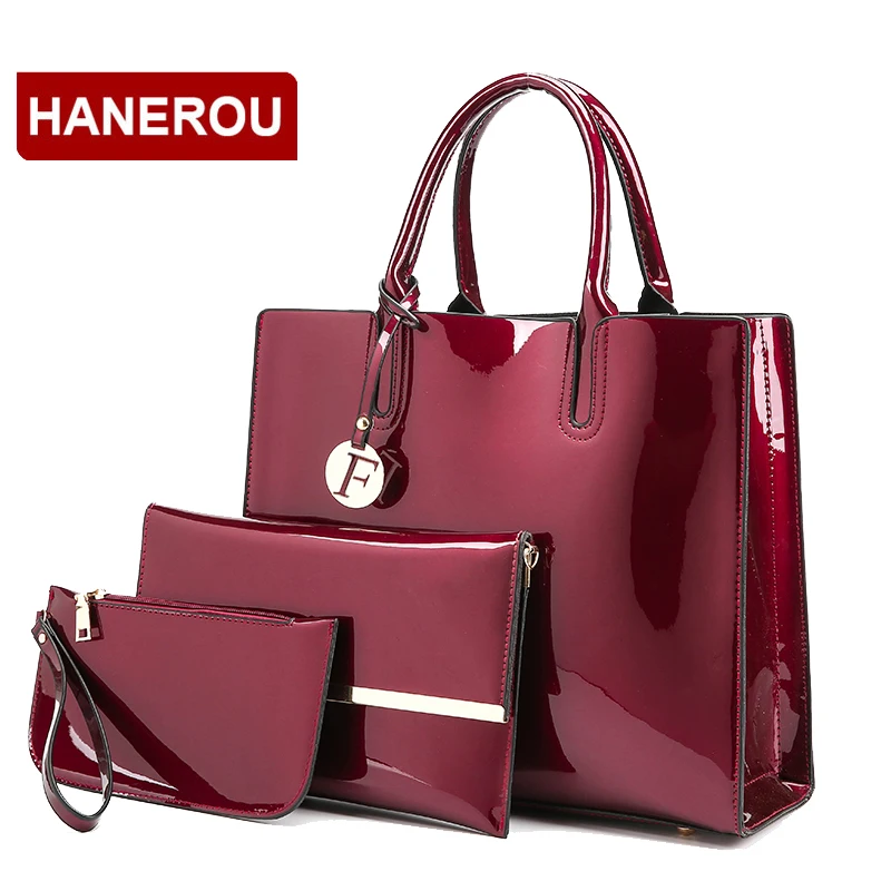 

HANEROU 3Set Patent Leather Women Handbags Large Capacity Tote Bag + Women Chain Shoulder Messenger Bag + Cluth Bags Sac A Main