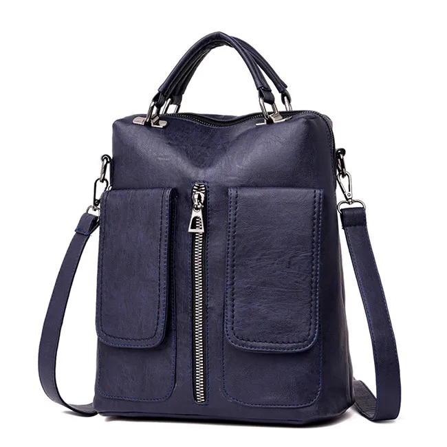 Повседневный женский рюкзак с двойным карманом, женский кожаный рюкзак высокого качества, дизайнерская школьная сумка на молнии, сумка на плечо, Mochila Sac A Dos - Цвет: Blue