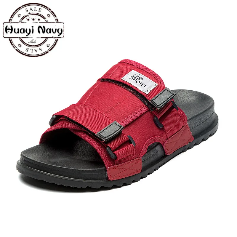 

New Designer Men Summer Shoes Black/Red Canvas With Ribbon Belt Beach Platform Casual Slippers Men Flip Flops Big Size 40-45