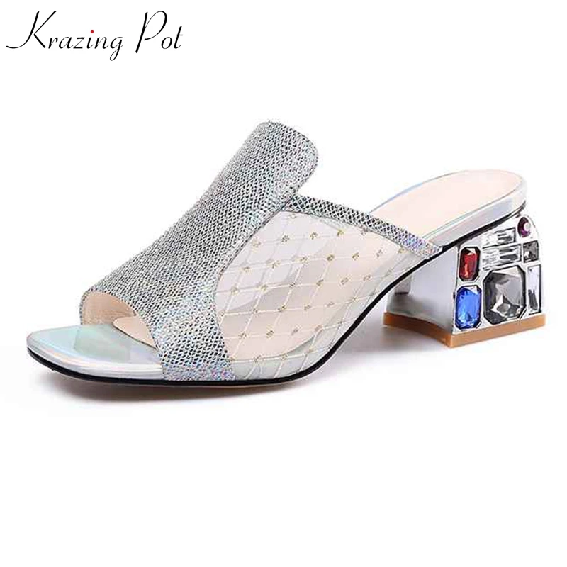 

Krazing Pot special genuine leather bling air mesh princess peep toe superstar slip on high heels fairy design jelly sandals l99
