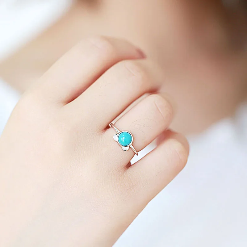 cute bear Turquoise open ring 100% Sterling 925 silver Jewelry Vintage Adjustable rings for women girl gift