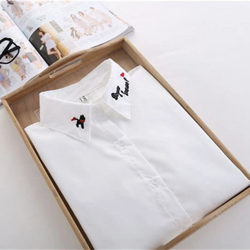 Белая женская рубашка с длинным рукавом, Корейская вышитая блузка с воротником, Офисная рубашка для дам, элегантная Рабочая женская одежда