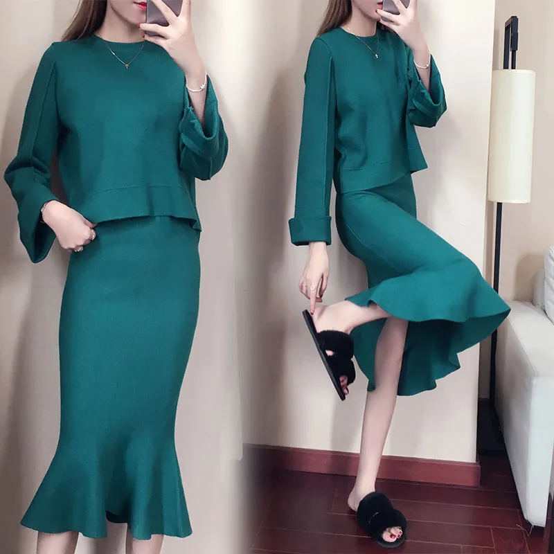 

new winter knitting pullover sweater top & fishtail skirt suit two-piece women clothing set long sleeve top knitwear big size