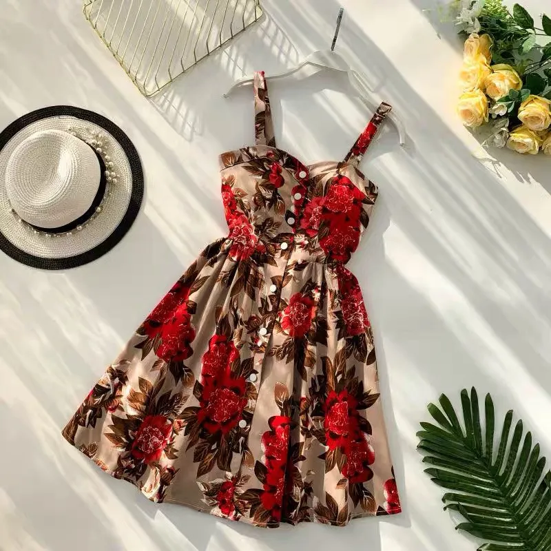 Marwin, Новое поступление, летние женские пляжные платья на тонких бретельках с цветочным принтом, без рукавов, в стиле ампир, уличный стиль - Цвет: Red Flower