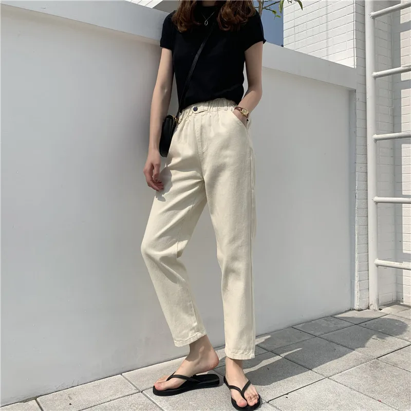 Plus Size Mom Jeans Elastic High Waist Harem Pants Vintage Casual Streetwear Solid Button Pocket Korean Harajuku Ladies Jeans
